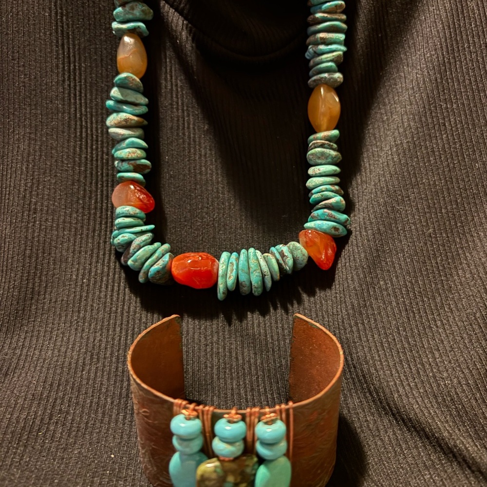 Turquoise and Carnelian Bead Necklace and Turquoise Copper Cuff - Unbranded